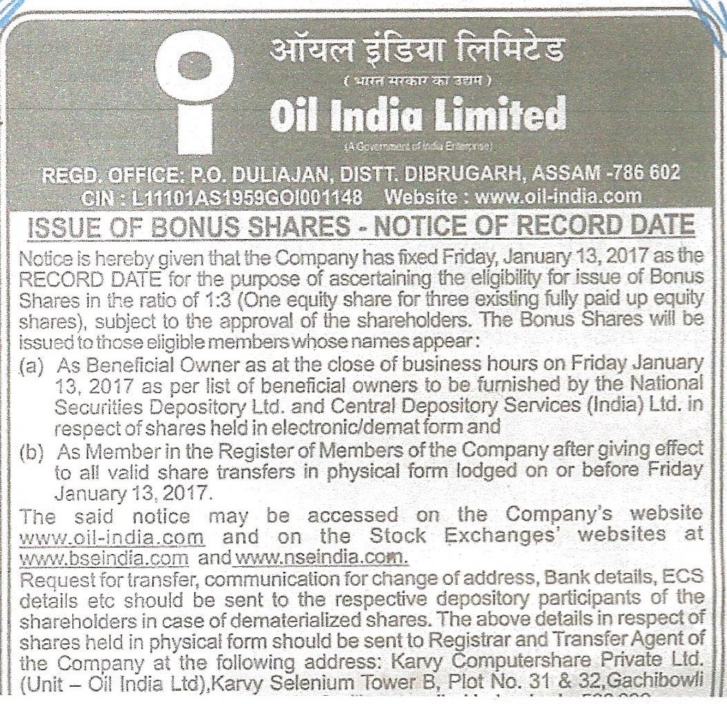 Record Date for Bonus Issue 2016-17
